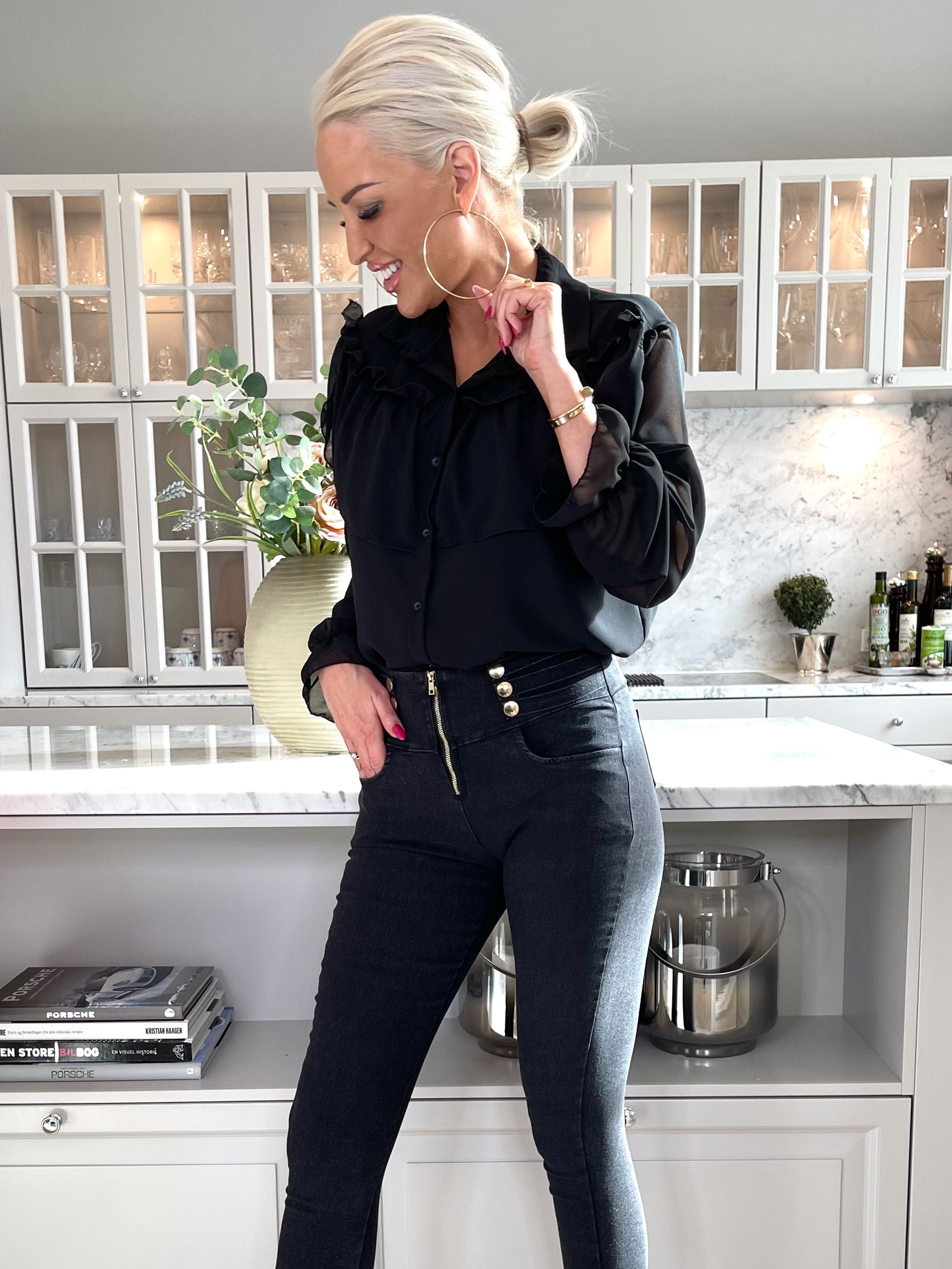 Latisha - Leggings i jeanslook med dragkedja och guldknappar